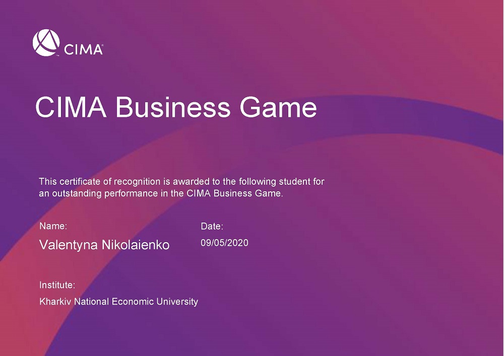 Business game VALENTYNA NIKOLAIENKO Вітаємо з успішним проходженням бізнес-гри від CIMA